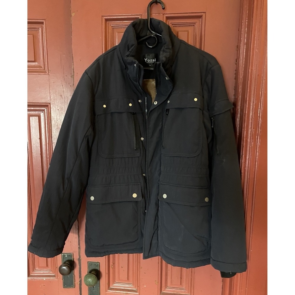 Yozai Mens M Blueish-Gray Quilted Puffer Jacket Fur Lined Winter Warm Coat
